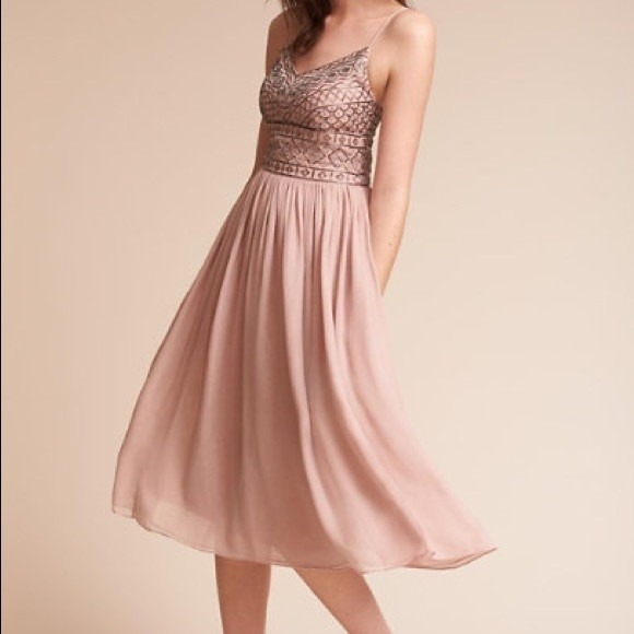 Anthropologie Dresses & Skirts - BHLDN Embellished Chiffon Dress Beaded Bodice Blush Spaghetti Straps Prom Spring